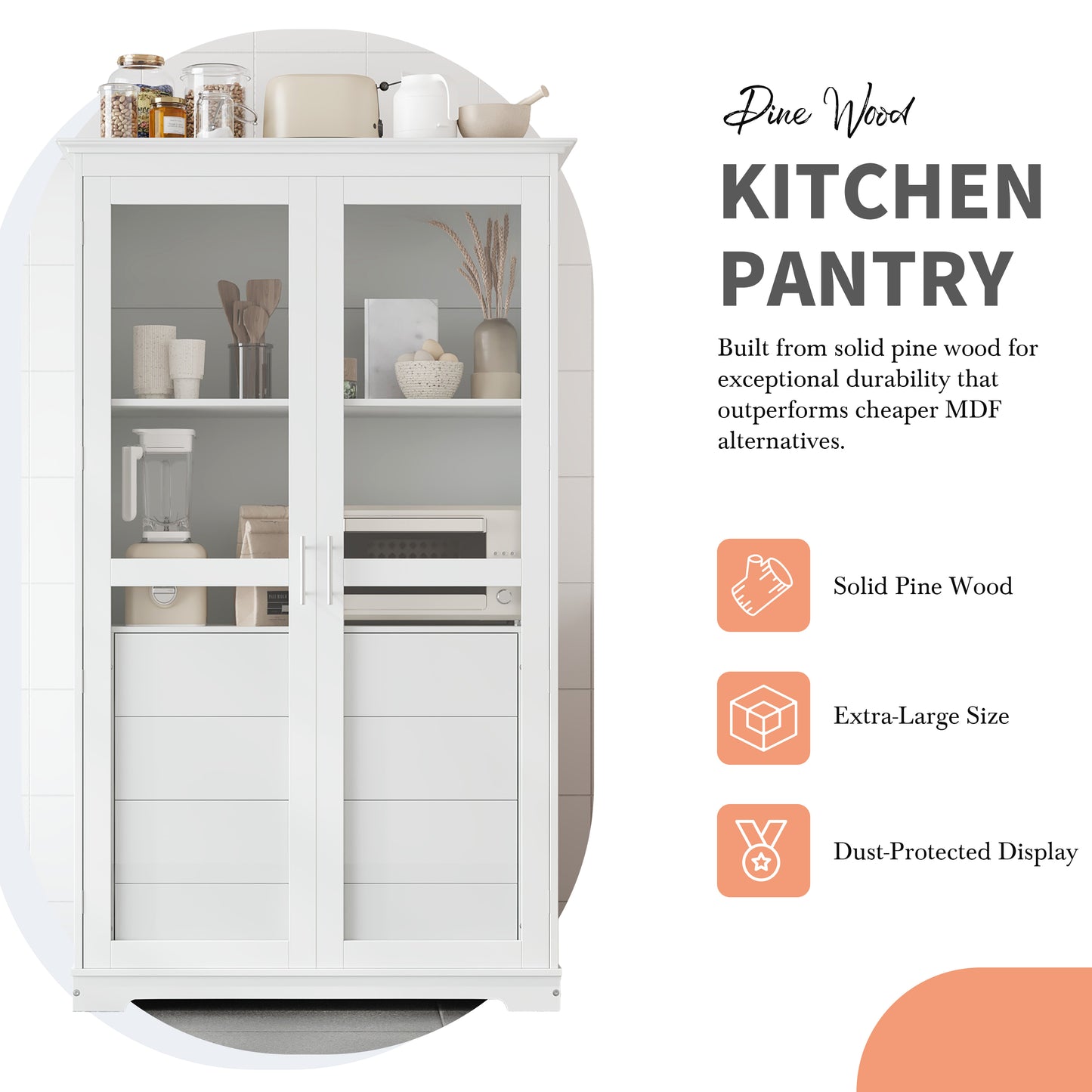 TOPMAx 44.7x20x75inch Kitchen Pantry  Freestanding Kitchen Storage Cabinet Display Cabinet With Glass Doors And 4 Built- In Drawers For Living Room  Home Office  White