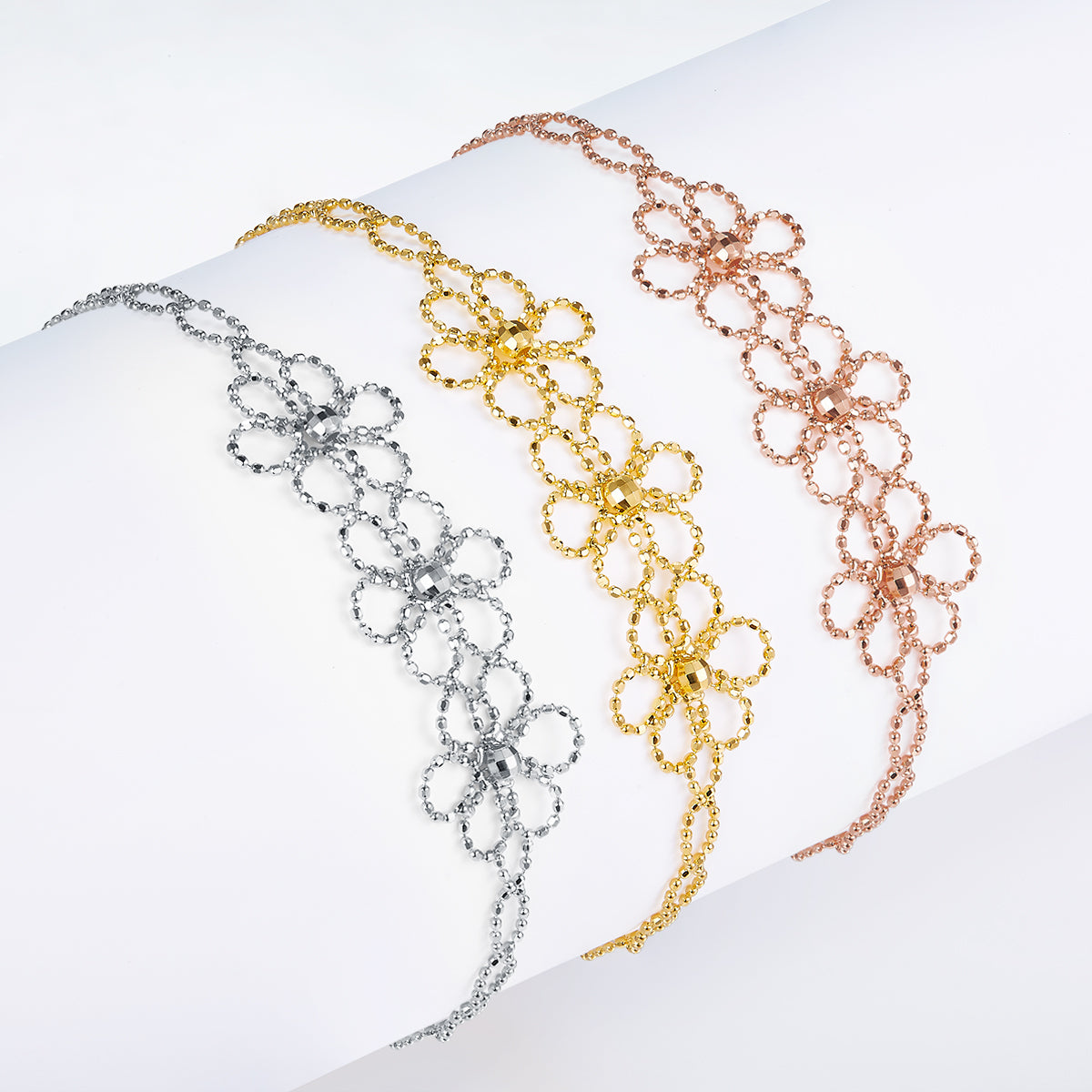 S925 Sterling Silver Hollow Flower Bracelet 20cm Adjustable 1.8g Lightweight 14mm Wide 3 Colors Platinum Plated Gift Box
