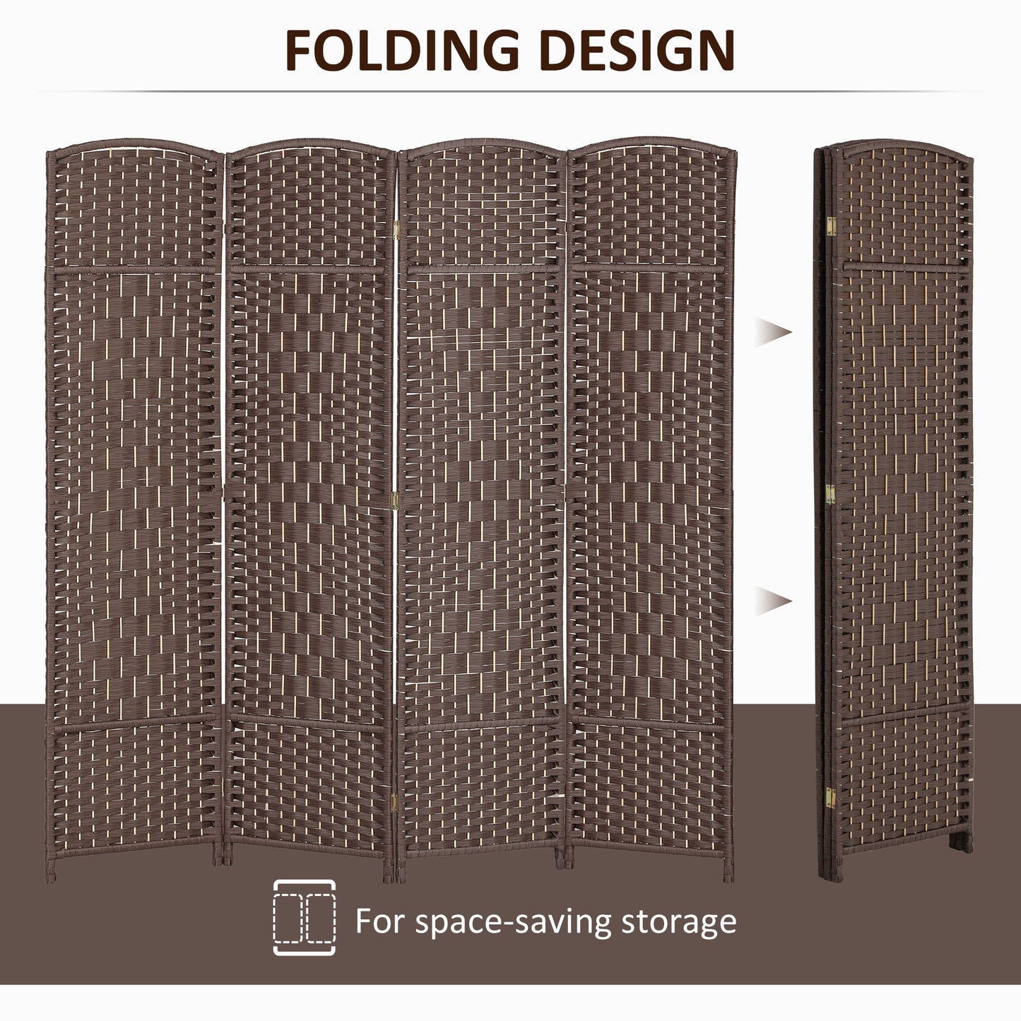 Folding Room Divider Screen 4 Panel 6 Tall Privacy Screen Freestanding Wood Partition for Home Office, Brown