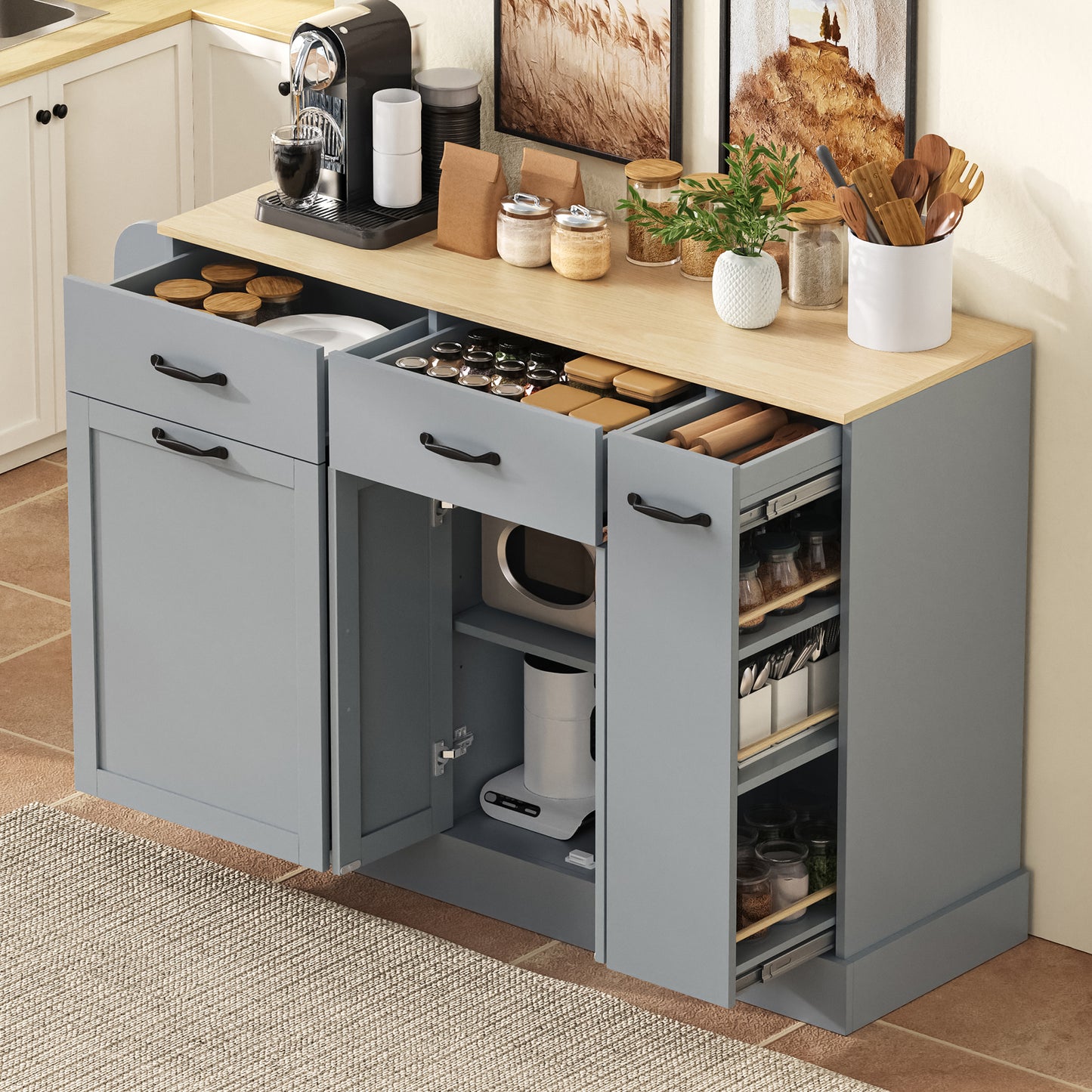 Modern Sideboard With Different Drawers, Buffet Cabinet With Waste Bin Compartment And External Spice Rack For Dining Room, Living Room And Kitchen  Grey