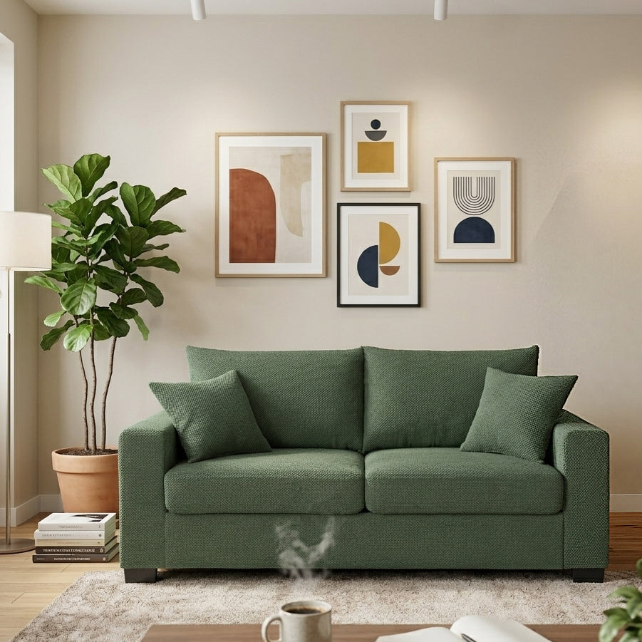 69-inch Two-seater  Sofa With Textured Fabric, Comfortable Upholstered Couch With 2 Throw Pillows And Sturdy Plastic Legs For Living Room, Apartment, Office,  Dark Green