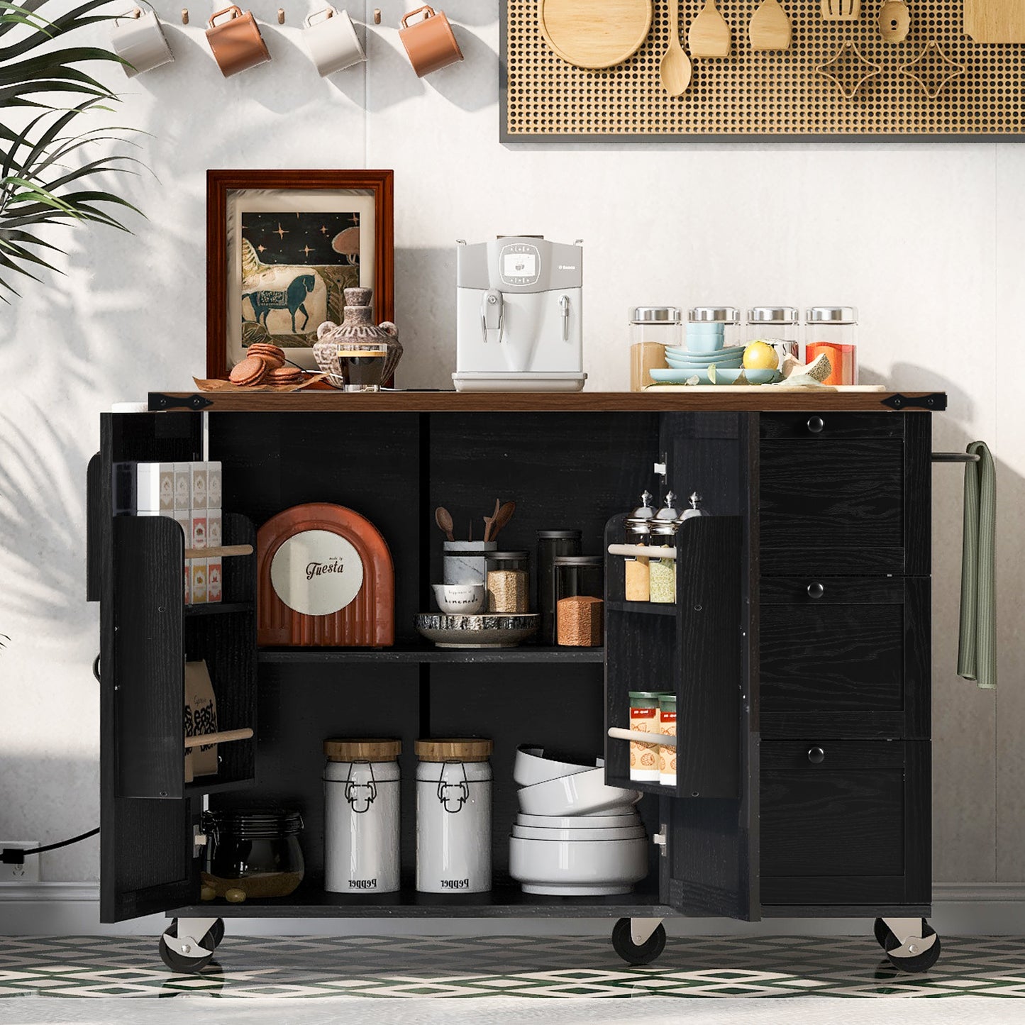 54.5 Farmhouse Kitchen Island With Power Outlet,Kitchen Storage Island With Internal Storage Rack,Drop Leaf,Spice Rack,Rolling Kitchen Cart On Wheels,for Home,Kitchen And Dining Room,Black