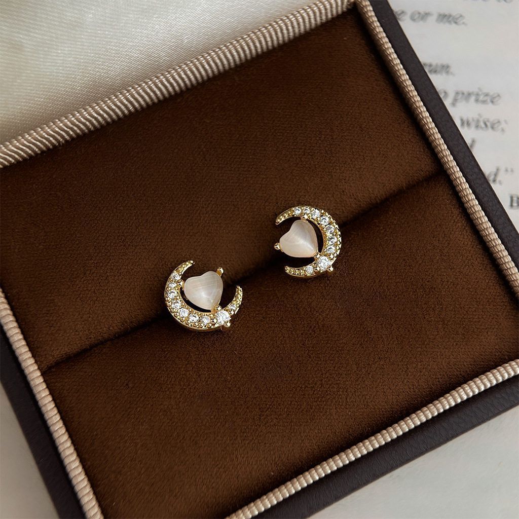 Korean Fashion Light Luxury Moon Stud Earrings For Women, Soft Sweet Fresh Style Cat's Eye Glass Stone Elegant Ear Jewelry