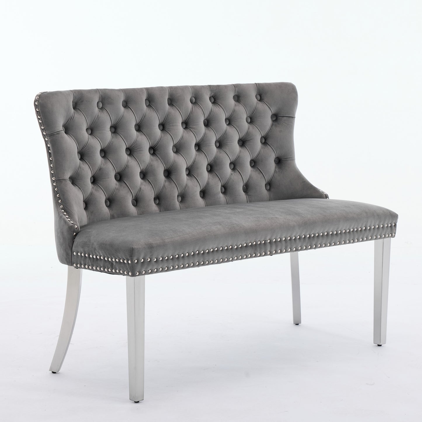 Velvet Double Dining Loveseat Bench, Kitchen & Dining Seating, 2-Seat Tufted Bench W Handmade Buttons, Wing Back, Brushed Silver Stainless Steel Legs, Mid Century Modern,Single Pack,Gray,DE1702GY