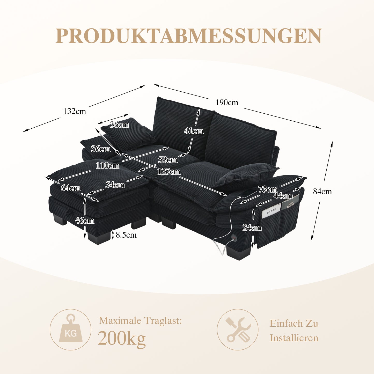 Modular 2-seater Corduroy Sofa  With Stool  Wide Seat, Ergonomic Design, High-density Foam Padding, USB-C Port And Side Pockets. Ideal For Living Room, Office Or Lounge. Black