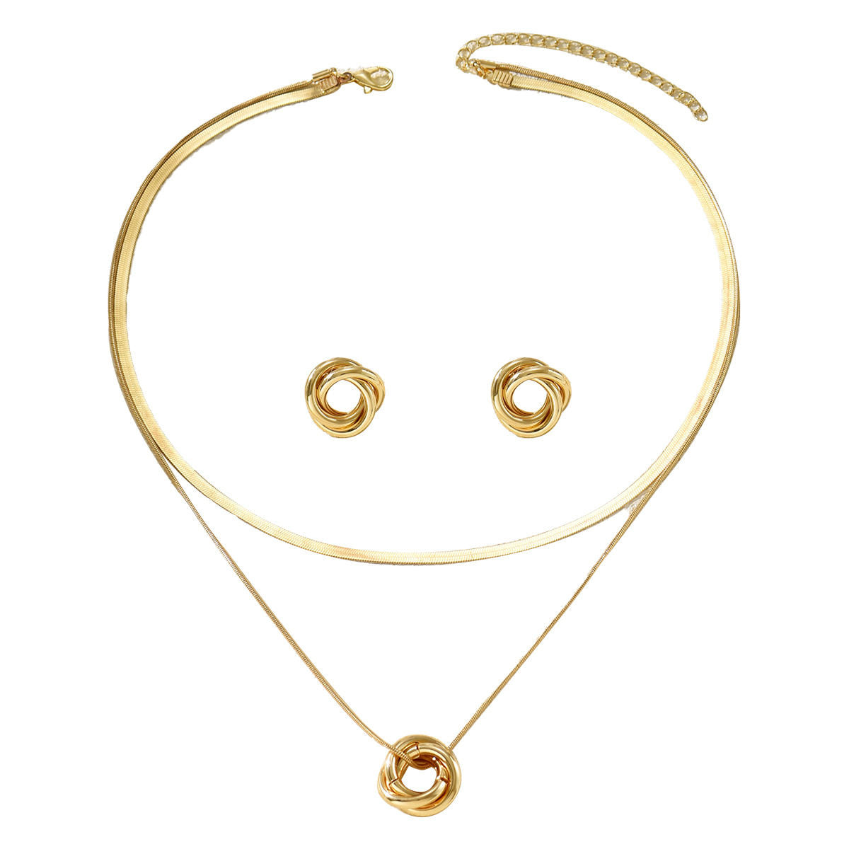 Cross-border European American Women Jewelry Set, Geometric Intertwined Ring Multi-layer Necklace & Matching Earrings, Niche Versatile Fashion Accessories For Ladies