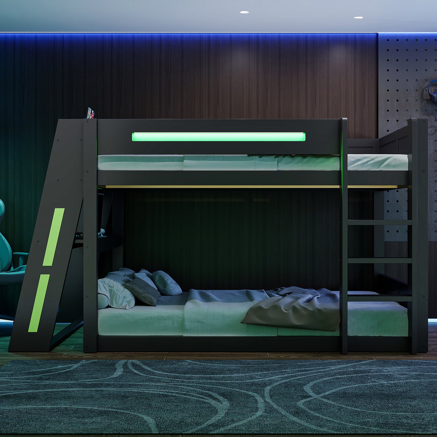 140x200 Cm Wooden Gaming Bunk Bed With Desk, Two Storage Compartments, USB Port And LED Lighting, Black Green