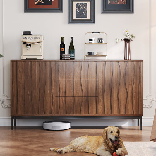 Sideboard 150cm Dark Grained Oak, 3 Drawers, Large Sideboard, Kitchen Cabinet, One-Piece Recess, Mid Century Modern Decorative Cabinet For Kitchen, Living Room, Entryway, Hallway