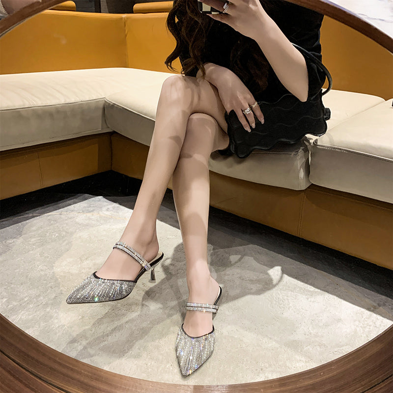 Women Pearl Rhinestone Pointed Toe High Heel Slippers, 2026 New Korean Fairy Style Thin Heel Single Strap Sandals For Outdoor Wear