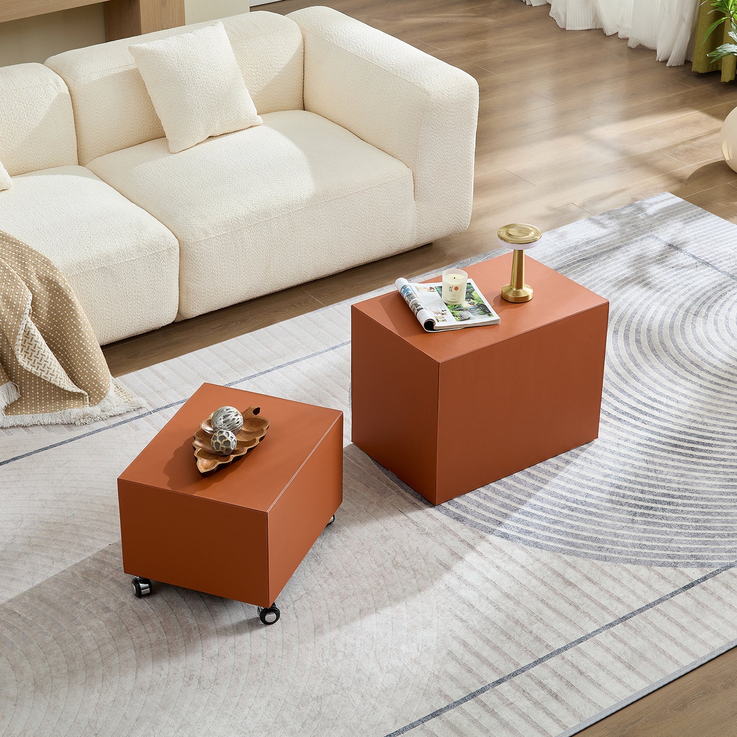 Modern Orange MDF Saddle Leather Table -Two Compact Sizes, Perfect For Living Room Decor & Daily Use