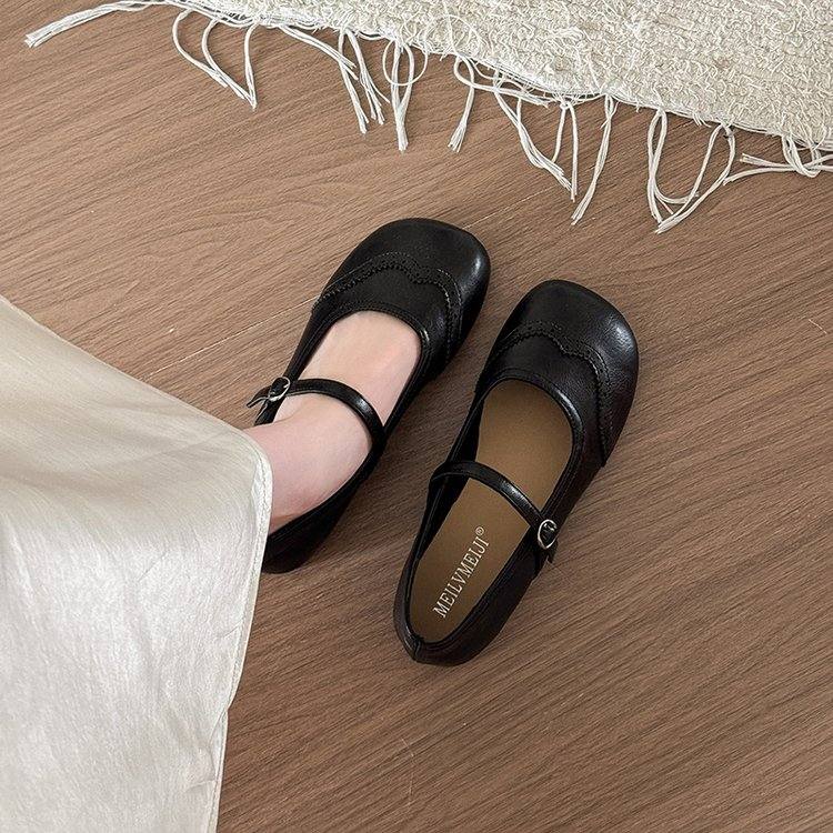 Women French Retro Flat Mary Janes, New Fashion Lightweight Shallow Mouth Leather Flats Work Shoes