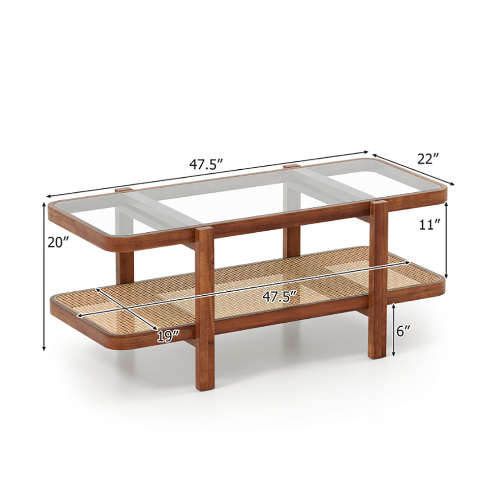 2-Tier Coffee Table With Storage And Tempered Glass Tabletop PE Rattan Anti-fading, Tear-proof For Office, Waiting Room, Or Reception Room