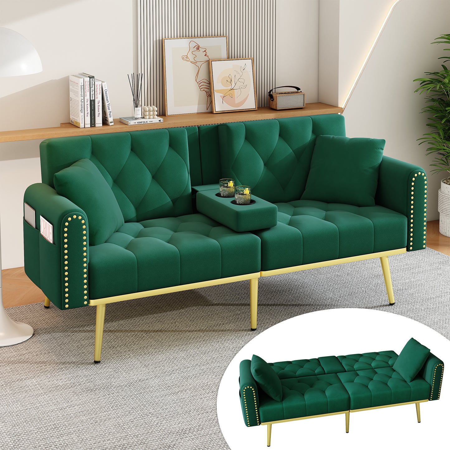 Double Fold Out Sofa Bed With Reclining Function, Three Adjustable Tilt Angles And Cup Holder. Suitable For Living Room, Bedroom, Home Theater Or Guest Room. Fabric Cover. Green