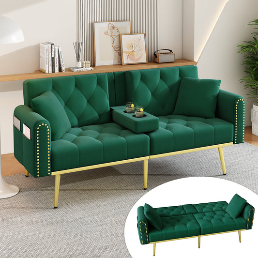 Double Fold Out Sofa Bed With Reclining Function, Three Adjustable Tilt Angles And Cup Holder. Suitable For Living Room, Bedroom, Home Theater Or Guest Room. Fabric Cover. Green