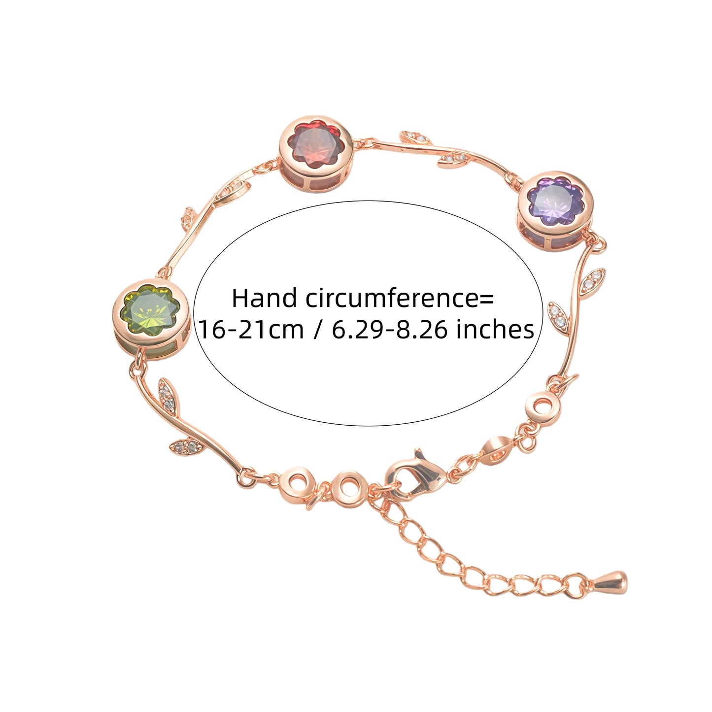 Rose Gold Branch Leaf Multicolor CZ Link Bracelet For Women, Copper Plated Silver Adjustable Extension Chain Floral Gem Wedding Daily Jewelry Gift