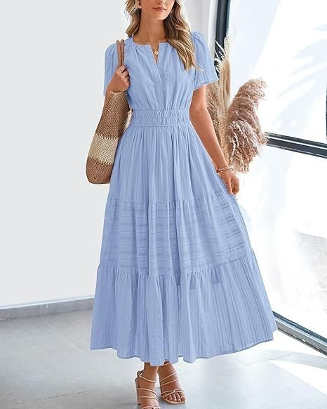 Spring Summer New Arrival Women's Dress, Fashion V-Neck Ruched Puff Sleeve Tiered Swing Dress