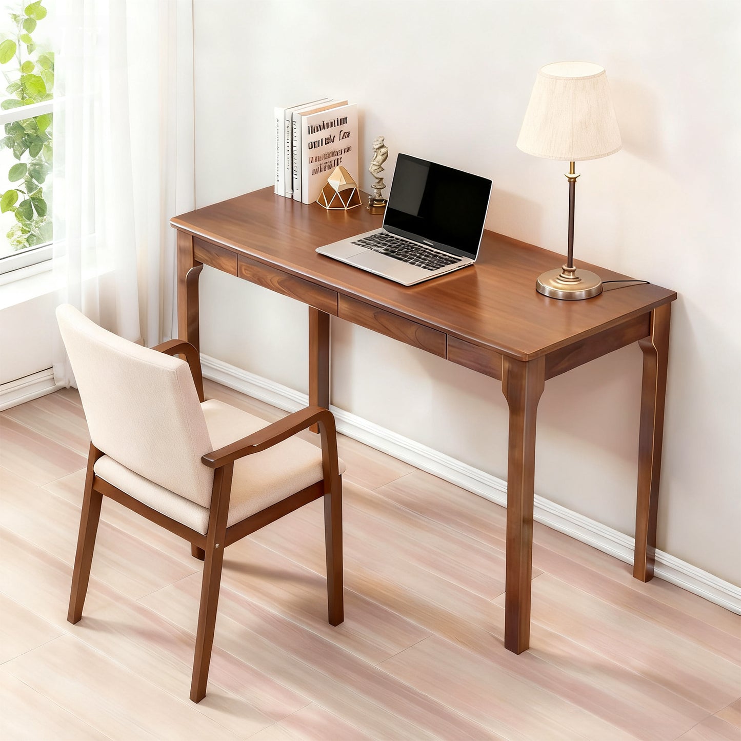Solid Wood Desk With Drawers, Standing Desk With Smooth Edges, Home Office Desk For Small Spaces, Mid Century Modern Desk For Study, Bedroom, Living Room, Office,  Walnut, 47.24inx21.65inx29.53in