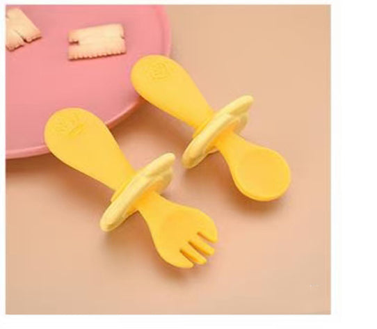 Short Handle Spoon Fork Children's Silicone Meal Feeding Fork Spoon Q Bomb