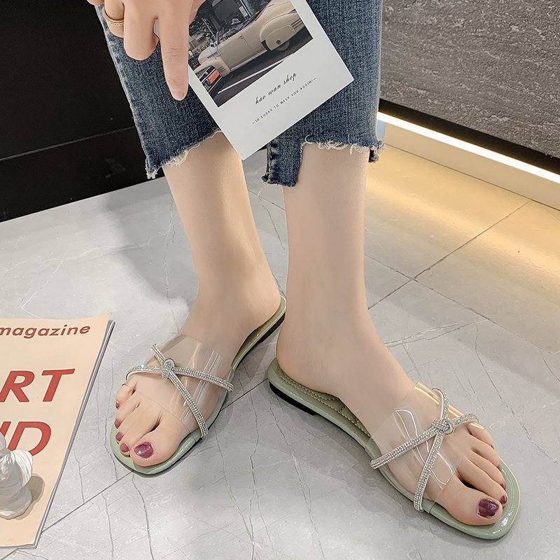 Women's Two-Way Wear Fairy Sandals, Summer Minimalist Versatile Rhinestone Single Strap Flat Slide Sandals, Comfort Soft Sole Outdoor Sandals