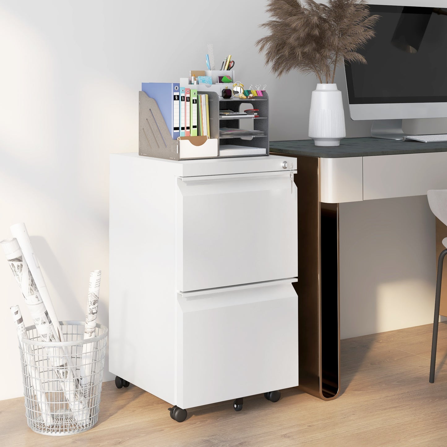 Vinsetto 2-Drawer Mobile Filing Cabinet, Steel Lockable File Cabinet For Letter, A4 And Legal Size, Pre-Assembled Body, White