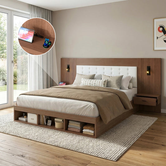 Double Bed 180X200cm, Storage Bed, Wooden Bed, Youth Bed, With USB& Type-C Charging Station And Reading Lamp, With 2 Bedside Tables, Walnut Wood Color