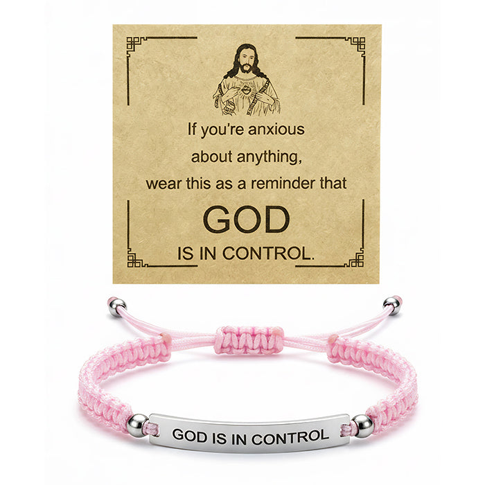 God Is In Control Engraved Bracelet, Handmade Braided Nylon Cord Cuff For Men Women, Stainless Steel Religious Christian Gift With Scripture Card