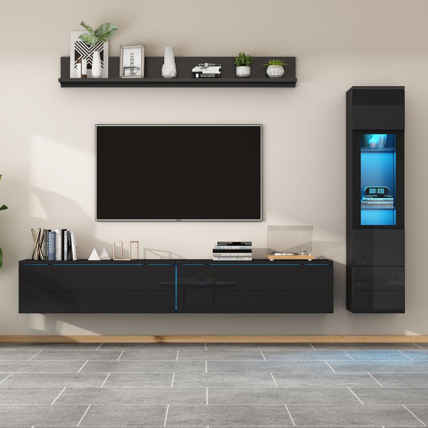 TV Wall Unit Set 3-Piece LED Lighting High Gloss Black Living Room Furniture Set Frontal Wall Unit Black 1 X TV Cabinet, 1 X Living Room Display Cabinet, 1 X Hanging Shelf, TV Up To 80'
