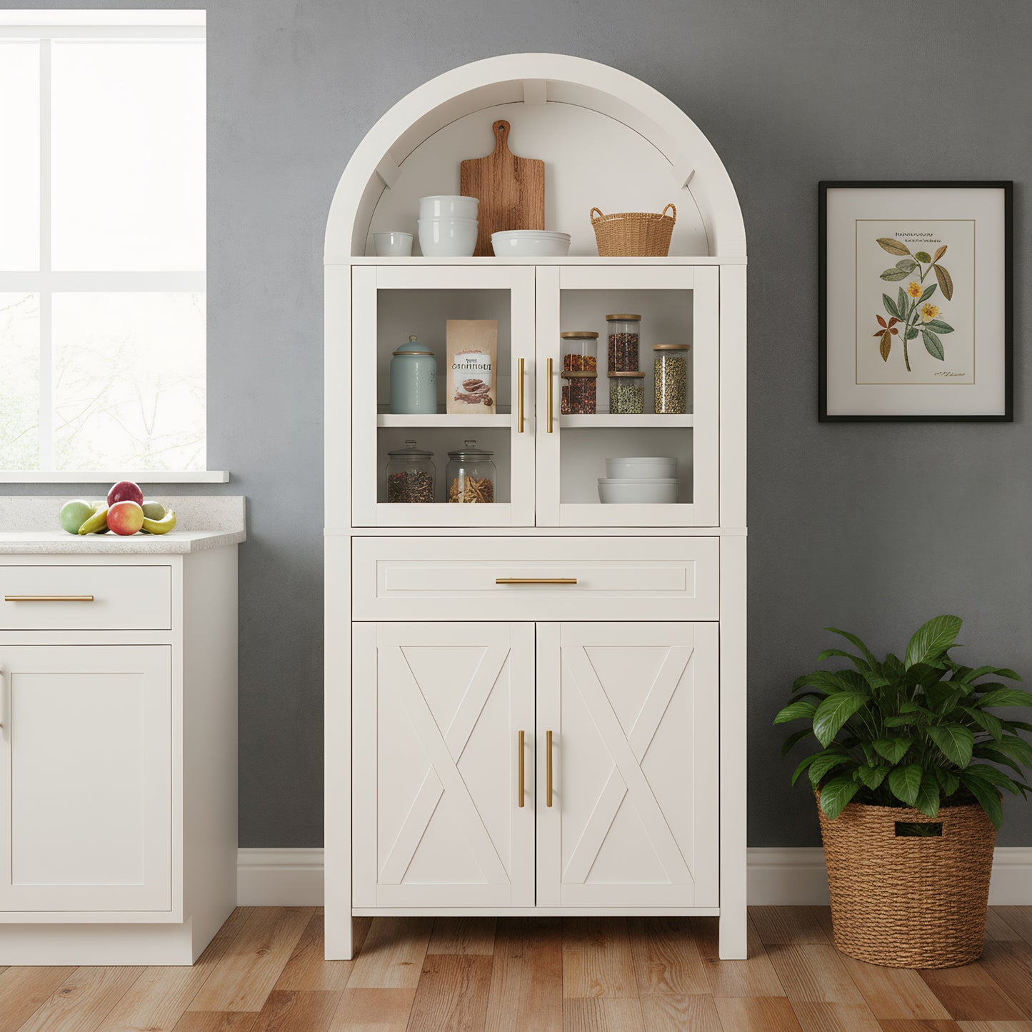 71  Tall Arched Kitchen Pantry Cabinet With Glass Door, Farmhouse Storage Pantry Cabinet With Adjustable Shelves & Barn Door Design For Kitchen, Living & Dining Room, White