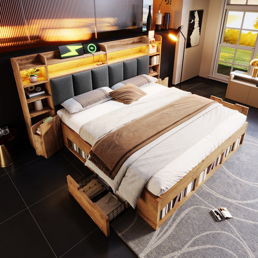160x200 Cm Double Bed System Bed, Oak Coloured, Upholstered Headboard With LED Lighting, Bedside Tables With USB And Type-C Ports, Storage Space And Sliding Drawers, Wooden Slatted Base Without Mattr
