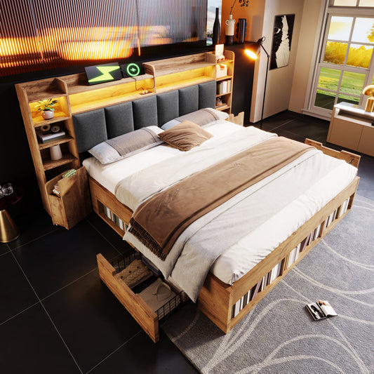 160x200 Cm Double Bed System Bed, Oak Coloured, Upholstered Headboard With LED Lighting, Bedside Tables With USB And Type-C Ports, Storage Space And Sliding Drawers, Wooden Slatted Base Without Mattr