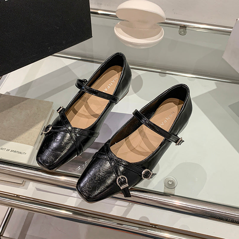2026 Spring Summer New Women's French Square Toe Mary Jane Flats With Hidden Heel, Elegant Silver Single Shoes With Single Strap Buckle