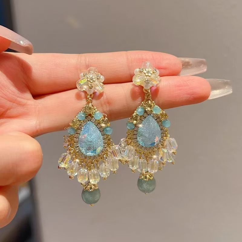 Light Luxury Beaded Tassel Long Dangle Earrings For Women, High-End Slimming Niche Fashion Drop Jewelry, New Style For Vacation