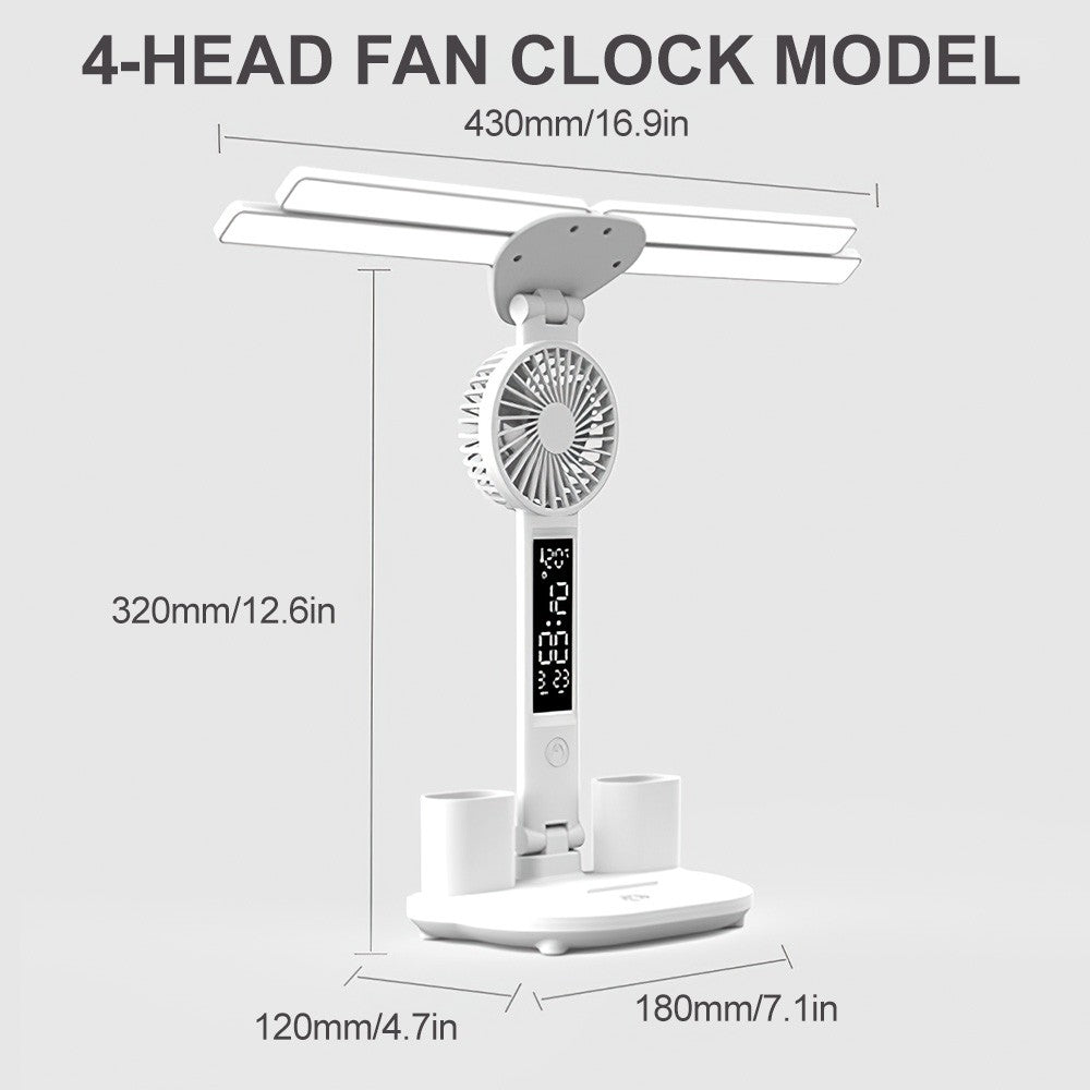 4-Head LED Desk Reading Lamp With Fan Clock Dimmable Rechargeable Touch Light