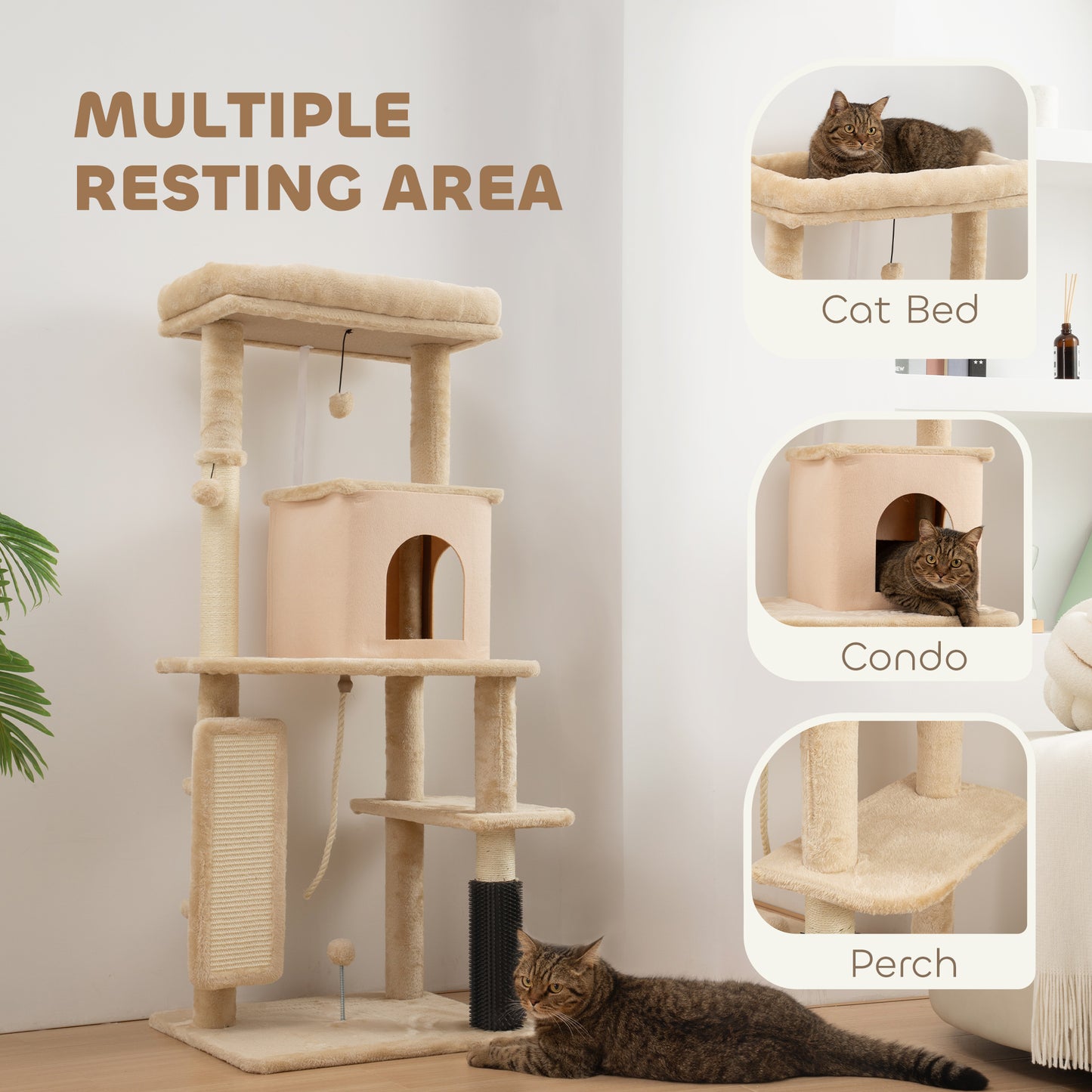 PawHut 132cm Cat Tree W Scratching Posts, Pad, Cat Bed, Cat House, Jumping Platform, Grooming Brush, Anti-Tip Kit, Beige