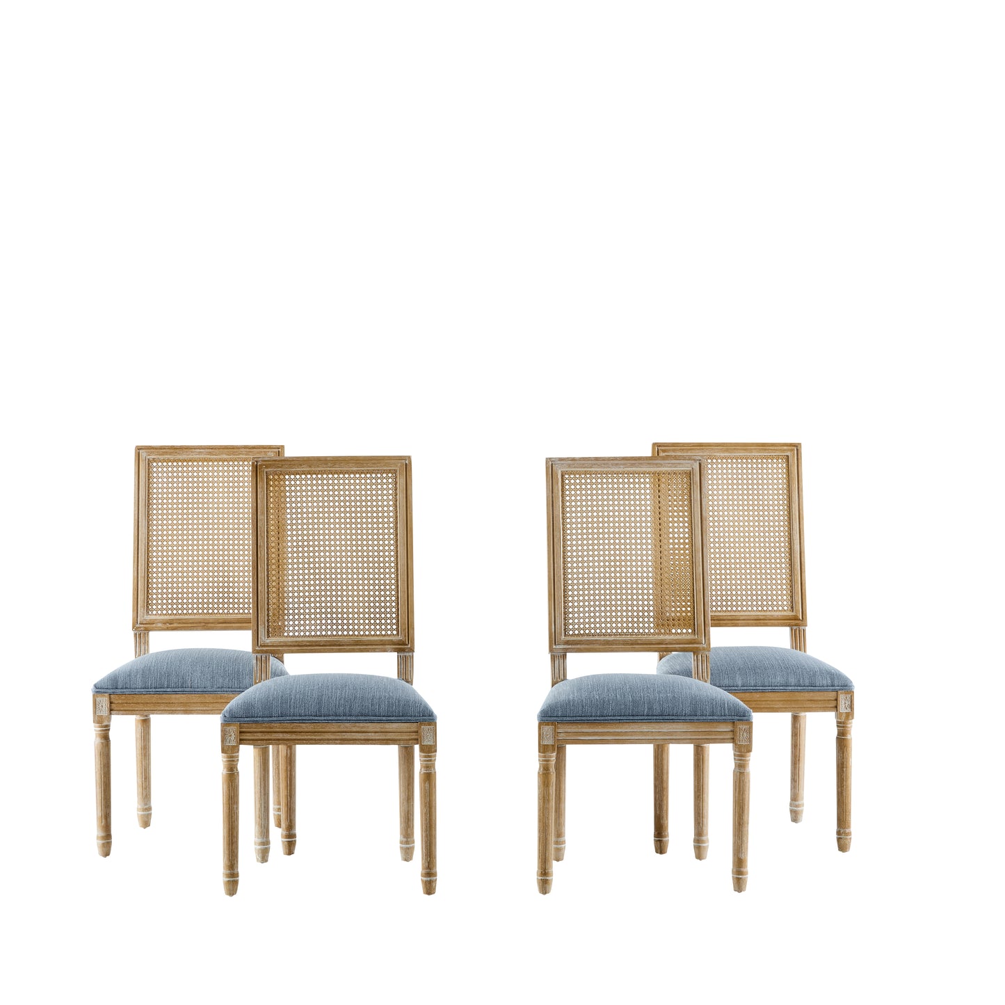 Set Of 4 French Country Dining Chairs - Elegant Cane Backrest & Upholstered Seats With Fluted Legs - Rustic Weathered Finish - Solid Rubberwood Frame - Vintage Inspired Kitchen & Dining Room Chairs