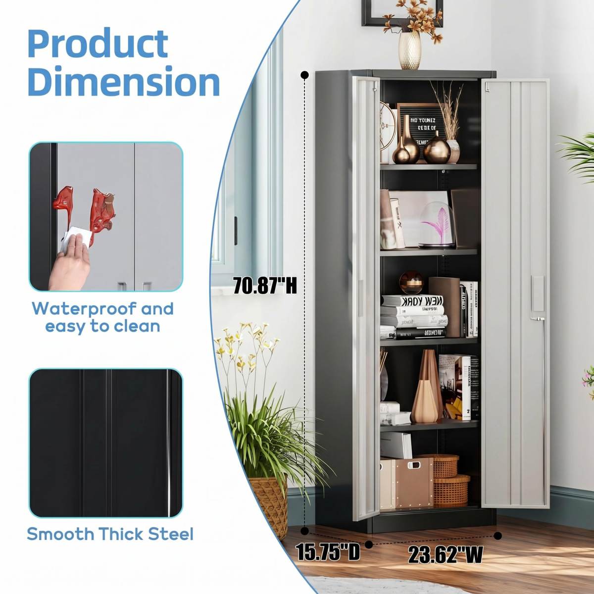 Metal Garage Storage Cabinet, Lockable Steel Storage Cabinet With 4 Adjustable Shelves For Garage, Office, Home, Assembly Required, Black & Gray