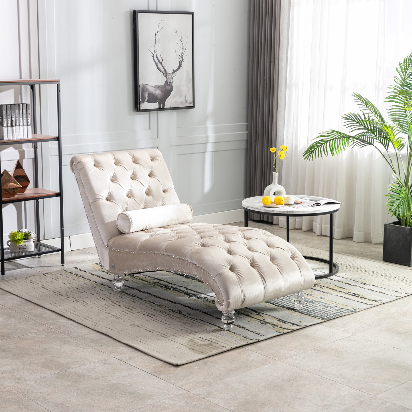 Velvet Chaise Lounge Indoor,Button-Tufted Upholstered Chaise Lounge Chair With Pillow For Bedroom Living Room Office  Beige Velvet