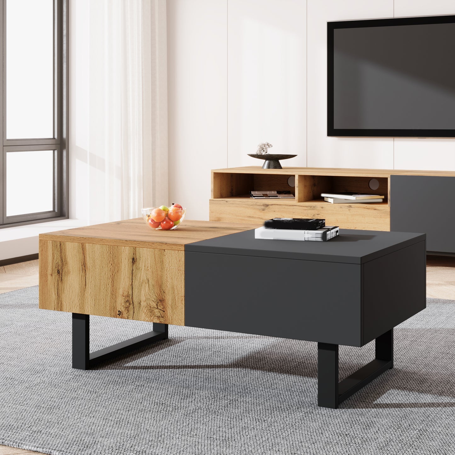Multifunctional Modern Sliding Coffee Table With Hidden Storage, High Quality Wood And Metal Bracket, Suitable For Home And Office Setting, Easy To Install, 155x55x40cm