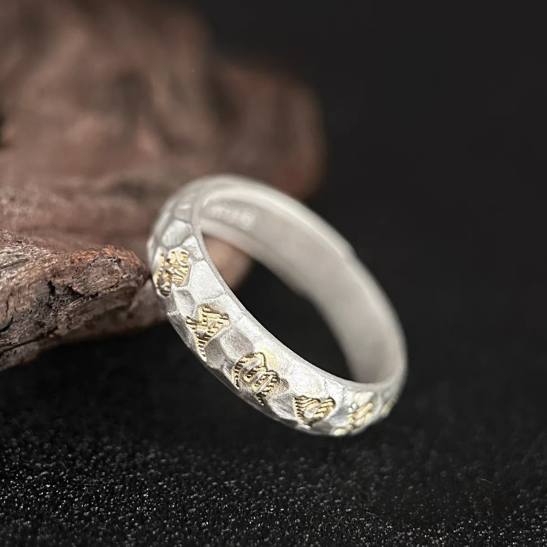 1pc 999 Sterling Silver Hammered Gold-plated Mantra Open Ring, Retro Zen Style, Perfect For Daily Wear & Valentine's Day Gift