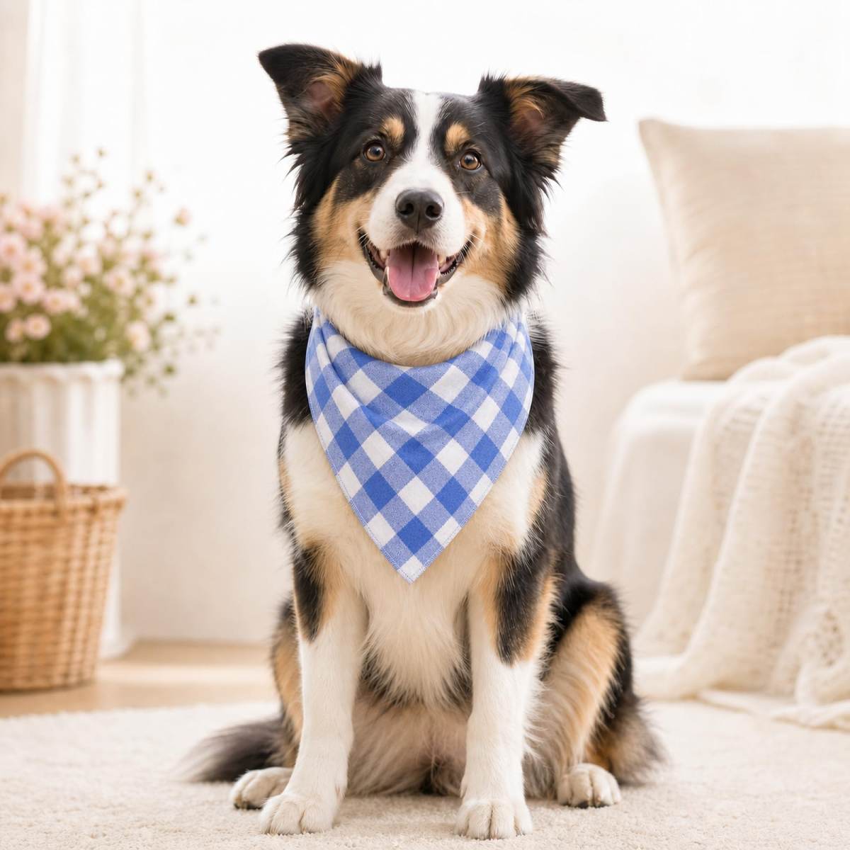 Blue & White Plaid Dog Bandana 1 Pack, Soft Cotton Blend Square Pet Scarf For Medium Dogs, Lightweight Breathable Kerchief, Fits Neck Up To 18 Inches