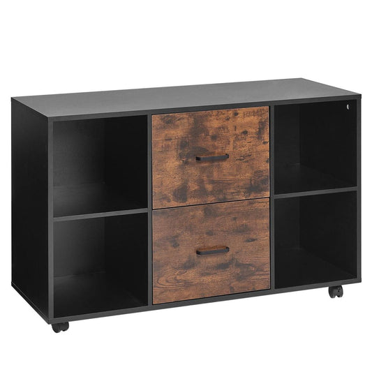 2 Drawer Wooden File Cabinet, Mobile Filing Cabinet With Open Shelves, Lateral Rolling File Storage With Lockable Wheels, Modern Free Standing Printer Stand For Home, Office, School, Black