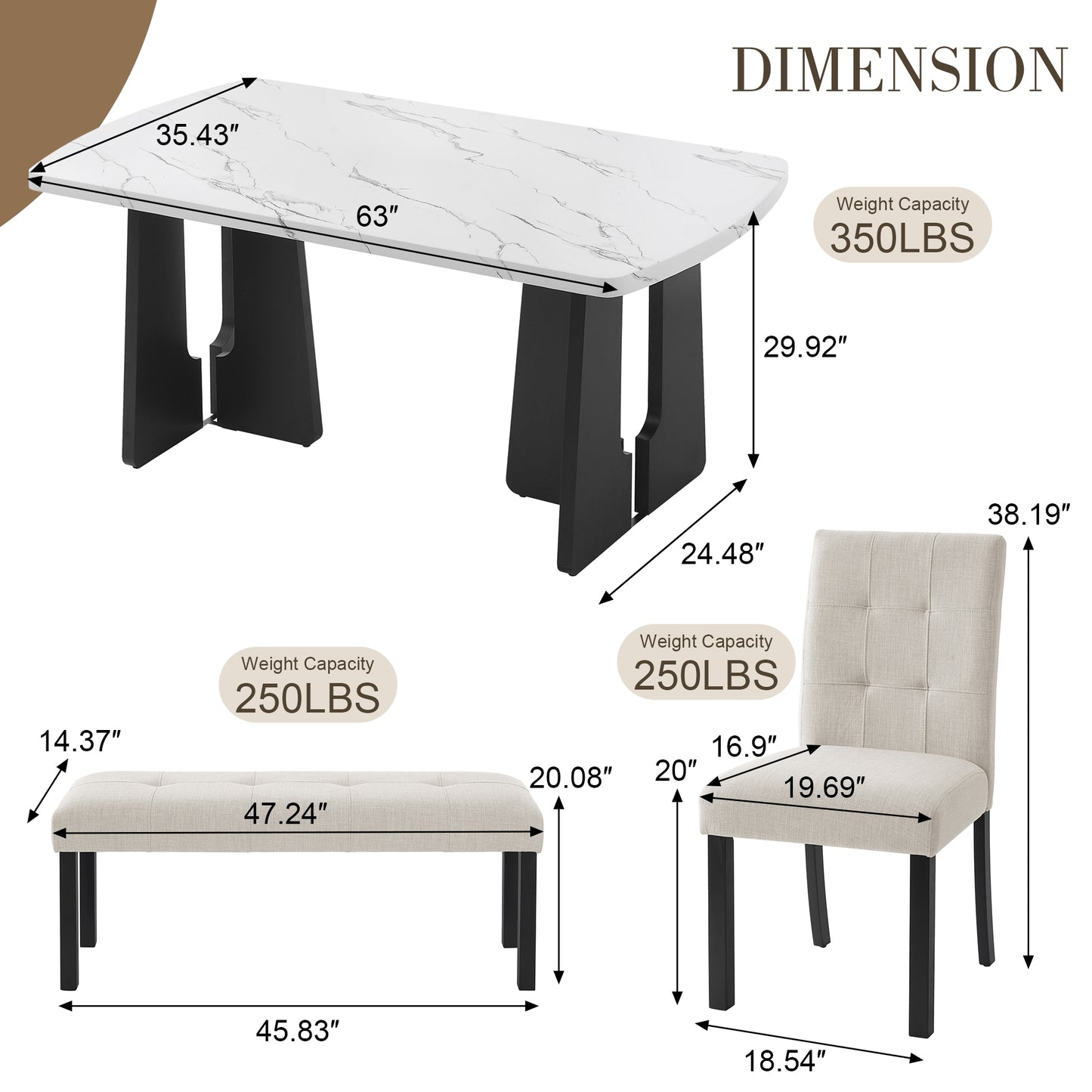 6 Piece Modern Dining Table Set, 63  Faux Marble Dining Table With Geometric Legs & 4 Upholstered Chairs & 1 Bench, Suitable For Dining Kitchen Room,Easy To Assemble, Beige   White