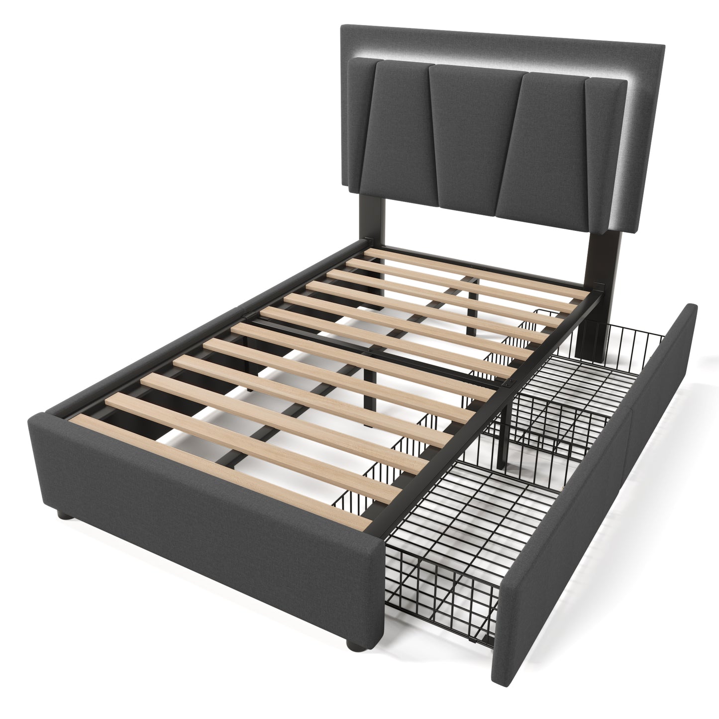 Upholstered Bed With LED Lighting And 2 Drawers,Height-adjustable Headboard,Single Bed 90x200cm Storage Beds Bed Frame, Wooden Slatted Base,Grey  Without Mattress