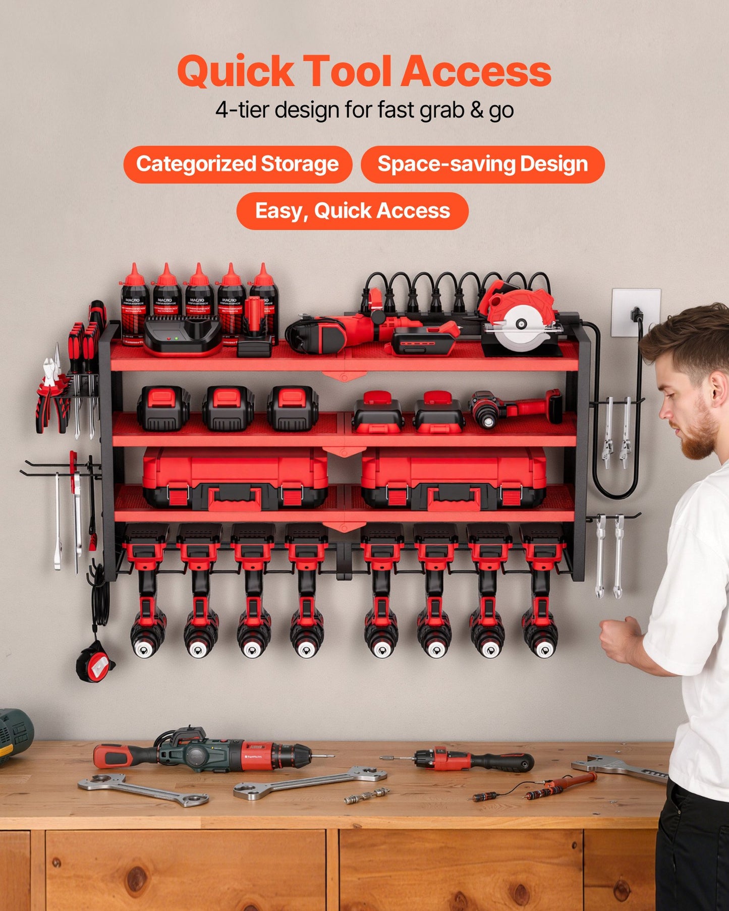 Power Tool Organizer With Charging Station, 4-Layer Drill Storage Rack With 8 Drill Holders & Side Pegboard, Garage Tool Organizer Built In 8 Outlet Power Strips For Garage, Workbench, Workshop