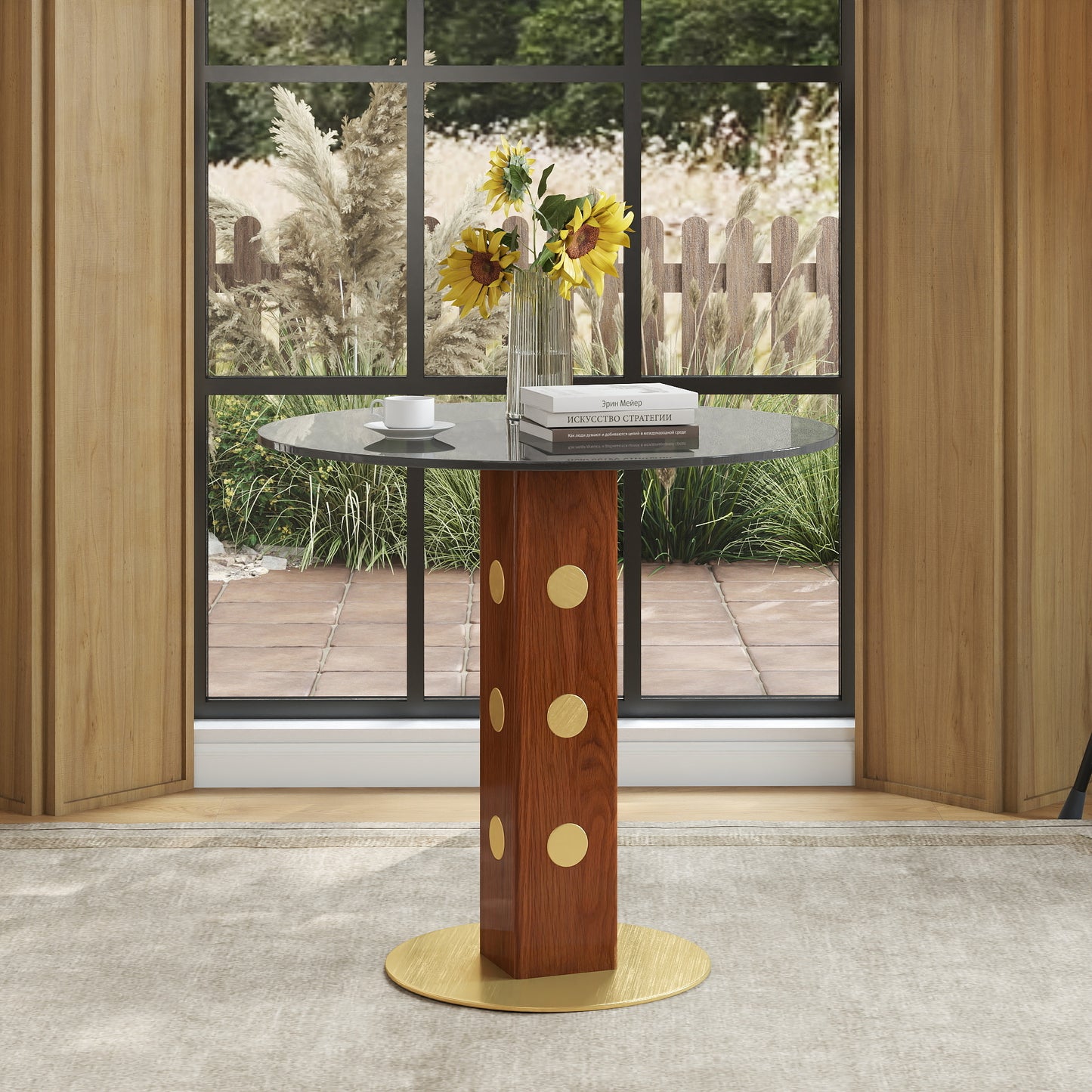 Modern Round Dining Table, 33.5  Tempered Glass Table With Wooden Leg & Gold Base, 2 - Person Kitchen Table For Small Space, 150lbs Weight Capacity Only The Negotiation Table