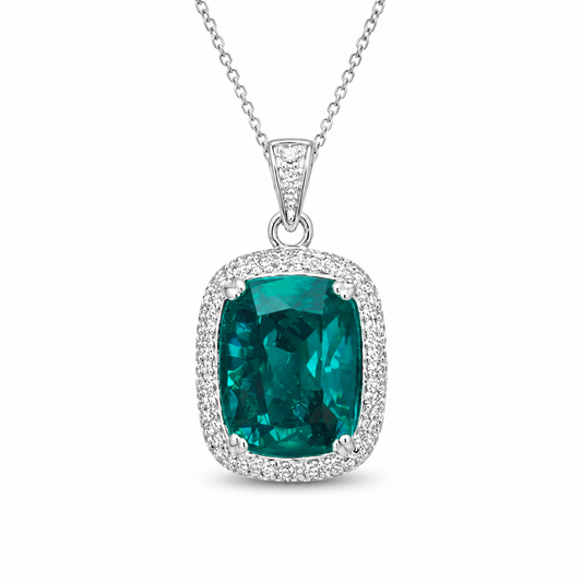 Cushion Cut Emerald Green CZ Halo Pendant Necklace For Women, Copper Plated Silver White Cubic Zirconia Halo Statement Wedding Bridal Jewelry Gift