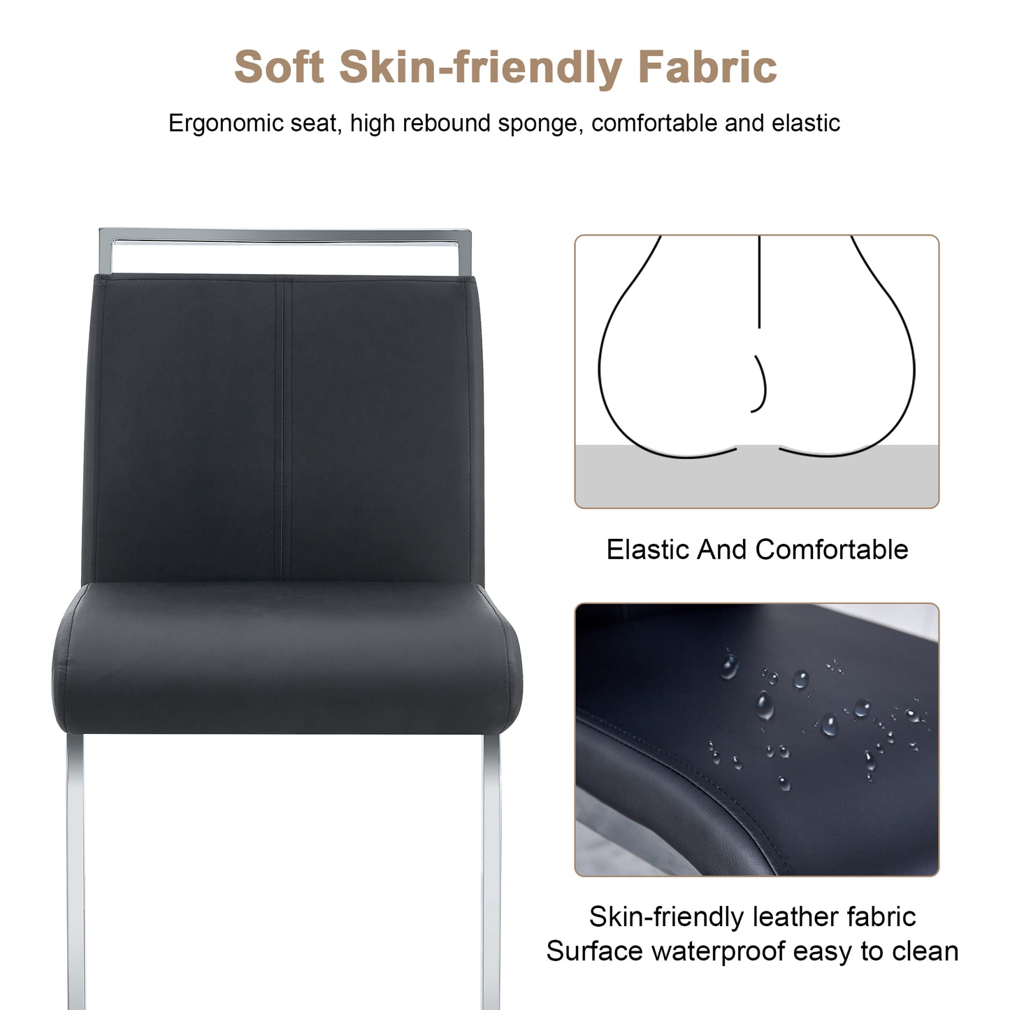 Modern And Beautiful Bar Stool Upholstered In PU Leather With C-shaped Silver Metal Legs For Dining Rooms, Kitchens, Terraces And Guest Office Chairs.  Set Of 6     Black  PU