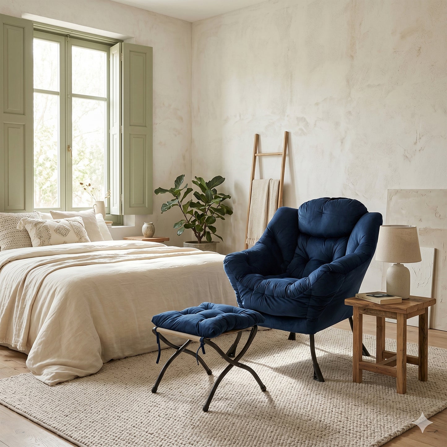 Armchair With Stool, Recliner With Armrests, Side Pocket & Footrest, Lounge Chair, TV Armchair, Wing Chair For Living Room, Bedroom, Office  Dark Blue