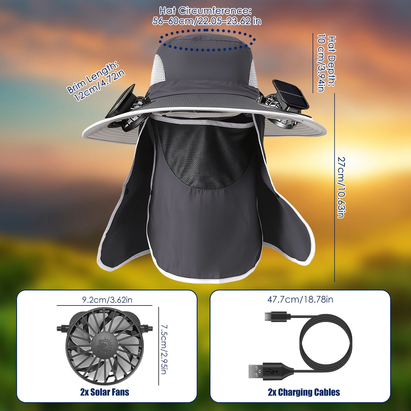 1Pc 2 In 1 Solar Fan Hat UPF50 Sun Hat With Fans Wide Brim Fishing Hat With Face Cover Neck Flap Solar USB Charging For Hiking Gardening Outdoor Work