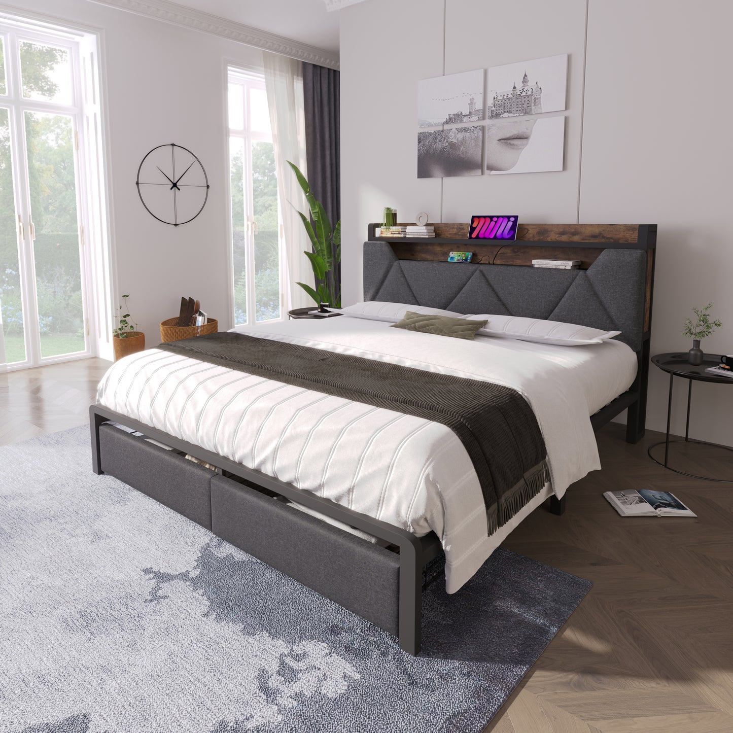 Upholstered Double Bed With LED Lighting, USB Type-C Charging Function, Storage Headboard And Drawers, 4ft6 Double Bed 135 X 190 Cm, Storage Bed Frame With Metal Slatted Frame,Linen, Grey No Mattress